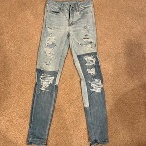 American Eagle Distressed Stretch Color Block Skinny Jeans